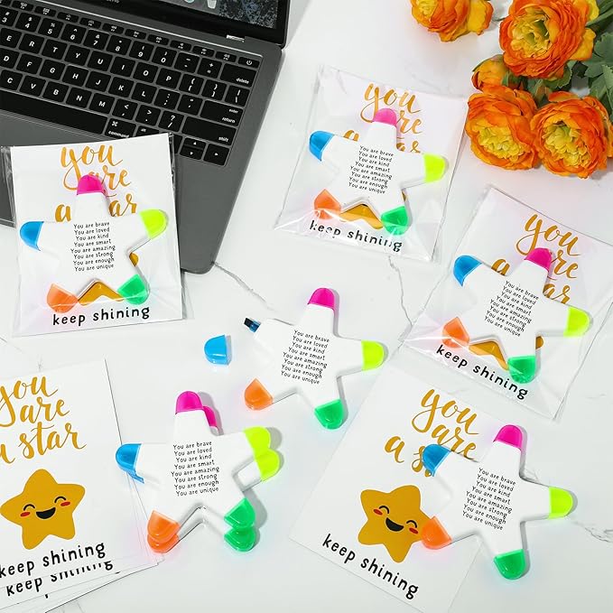 12 Sets Back to School Gifts for Students Star Highlighters with You're a Star Cards Gift Bags 5 in 1 Fluorescent Pens Affirmation Gifts for First Day of School Party Favor (Brave)