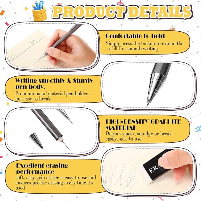 72 Pcs Operation Christmas Items 0.5mm Mechanical Pencils Bulk Set Include Metal Mechanical Pencil HB Lead Refills Erasers for Art Office Classroom Student Writing Drawing(Dark Grey)