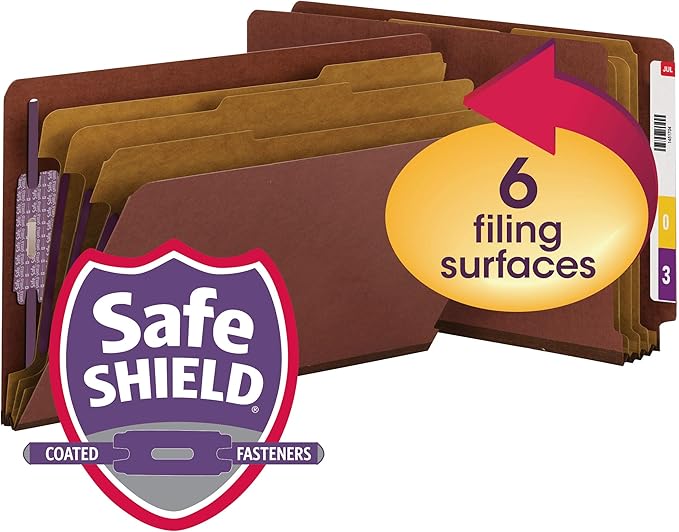 Smead 100% Recycled End Tab Pressboard Classification File Folder with SafeSHIELD Fasteners, 3 Dividers, 3" Expansion, Legal Size, Red, 10 per Box (29865)