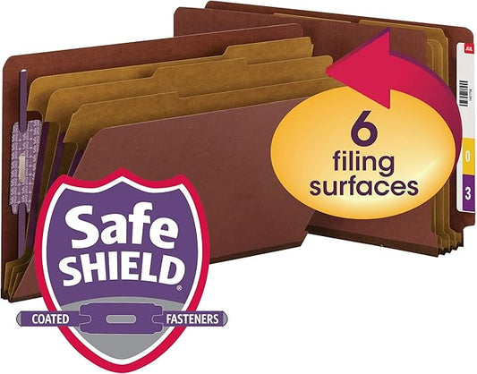 Smead 100% Recycled End Tab Pressboard Classification File Folder with SafeSHIELD Fasteners, 3 Dividers, 3" Expansion, Legal Size, Red, 10 per Box (29865)