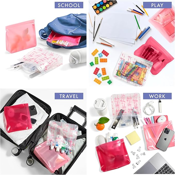 Fit & Fresh Reusable PEVA Storage Bags 3 Pack, Reusable Food Storage Bags, LeakProof Bag, Durable, Reusable Sandwich Bags, Freezer Safe Bags, Hand Wash, Easy to Clean, Eco-Friendly, Pink Bows