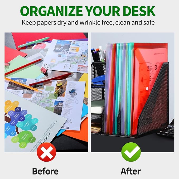 LEOBRO Plastic File Folders, 12 PCS A4 Plastic Envelopes with Snap Closure, Folders for Document, Reusable File Bags, Document Holder, for School Office