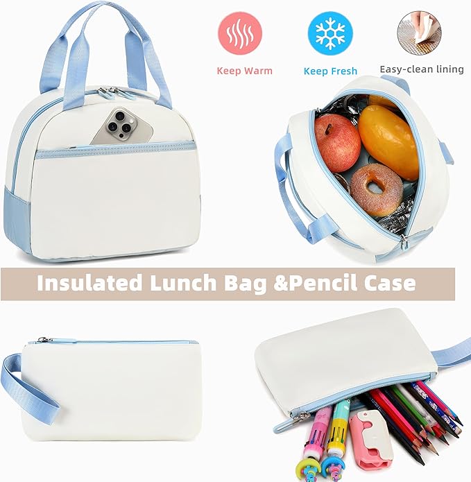 AO ALI VICTORY School Backpack for Girls Women 15.6 Inch Laptop Backpacks College Bookbag Cute Kids Elementary Middle High School Bag with Lunch Box Set for Teens Students Travel Daypack, Blue Set