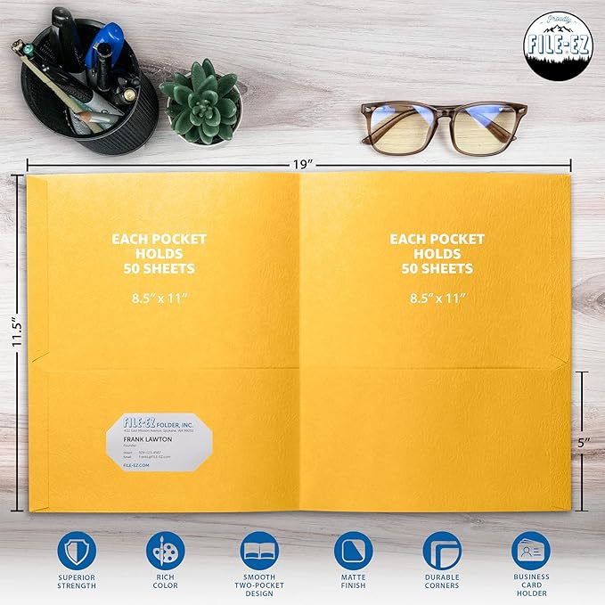 FILE-EZ Two-Pocket Folders, Yellow, 125-Pack, Textured Paper, Letter Size (EZ-32470)