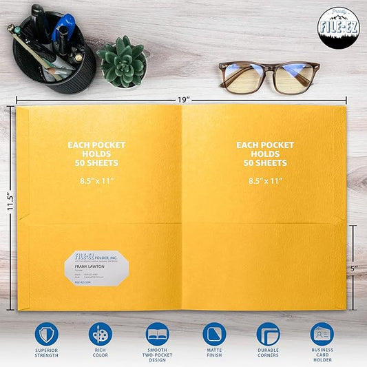 FILE-EZ Two-Pocket Folders, Yellow, 25-Pack, Textured Paper, Letter Size (EZ-32570)