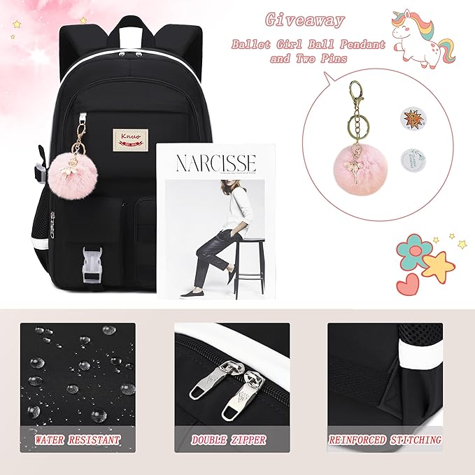 Girls Backpack,15.6 Inch Laptop School Bag Large Primary Elementary Middle College Bookbags Kids Backpacks for Teens Girls Women Students Anti Theft Travel Daypack (Black)