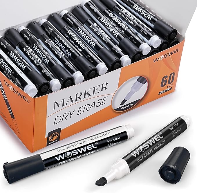Dry Erase Markers, 60 Bulk Pack, Black Chisel Tip Whiteboard Markers, Chisel Point Low Odor Dry Erase Markers