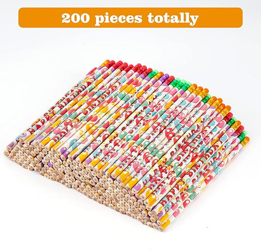 Kolewo4ever 200Pcs Happy Birthday Pencils Colorful Printed Pencils for Students Happy Birthday Teacher Pencil Classroom with Top Erasers for Kids Birthday Party Supplies Favors