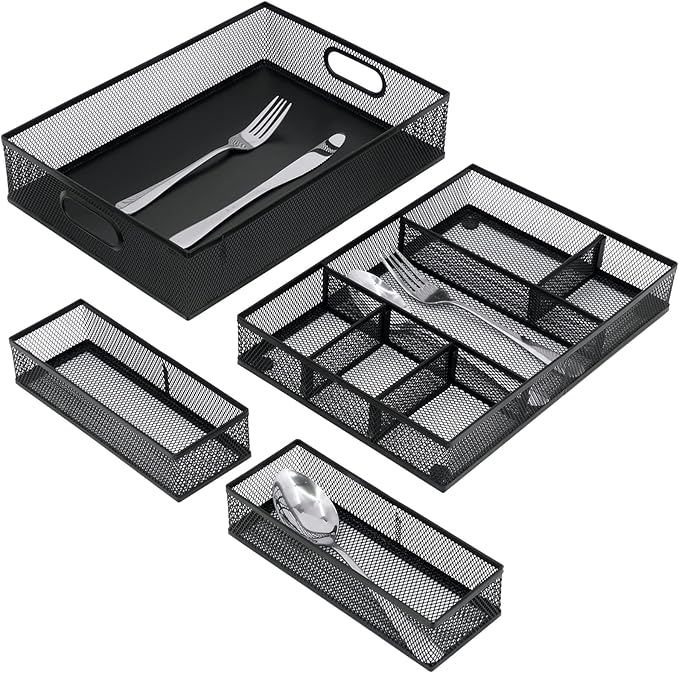 Neudeco Desk Drawer Organizer with 6 Adjustable Dividers, Metal Pen organizer for desk drawer,Mesh Office Desk Drawer Organizer Tray for office supplies (Pack 4, Black)