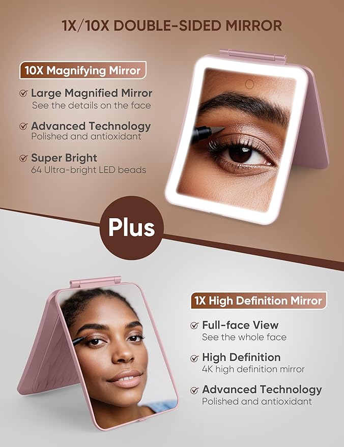 1X/10X Magnifying Makeup Mirror with 3 Colored Lights and Touch Control, 2700mAh Rechargeable LED Vanity Mirror for Home, Bathroom and Travel (Rose Pink, with LED Lights)