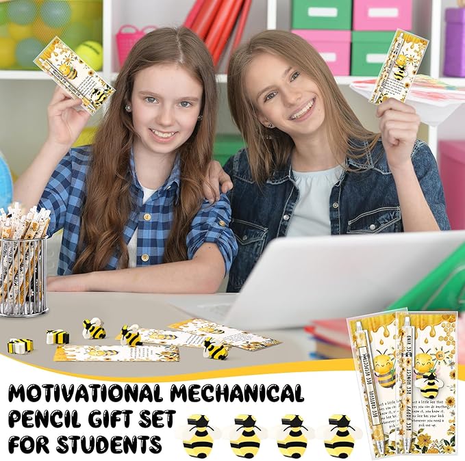 30 Sets Inspirational Bee Gifts Bulk 6 Styles 0.7 mm Motivational Mechanical Pencils with Erasers Positive Cards Back to School Gifts for Student Teacher Coworker Office Supplies