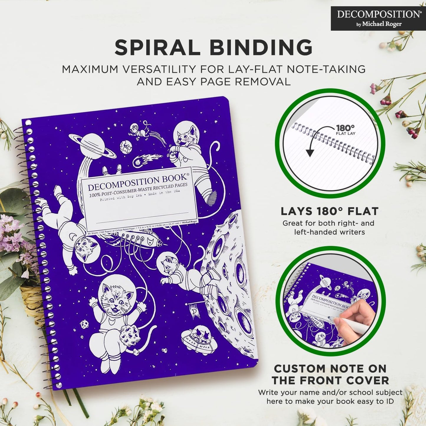 Decomposition Kittens in Space College Ruled Spiral Notebook - 9.75 x 7.5 Journal with 160 Lined Pages - 100% Recycled Paper - Cute Notebooks for School Supplies, Home & Office - Made in USA