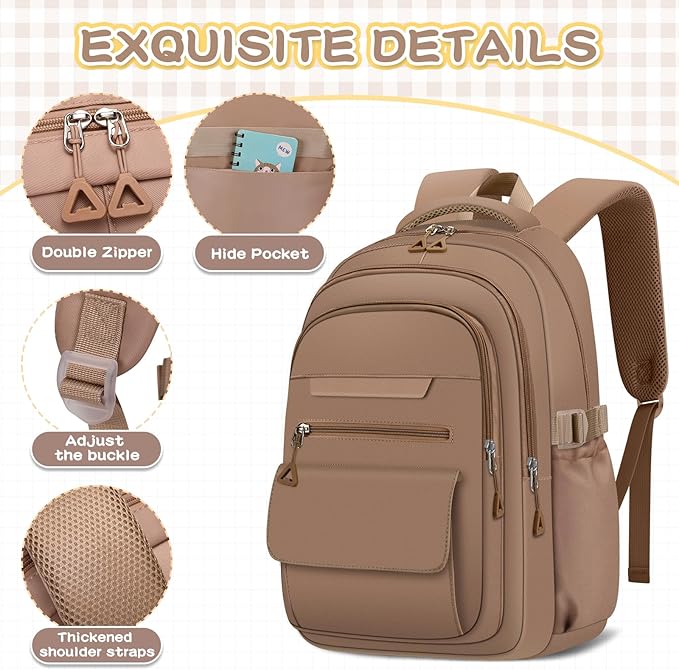 Cute Backpack for School Teen Girls Khaki Bookbag Aesthetic Womens Travel Book Bags for School Kids Student Back Packs