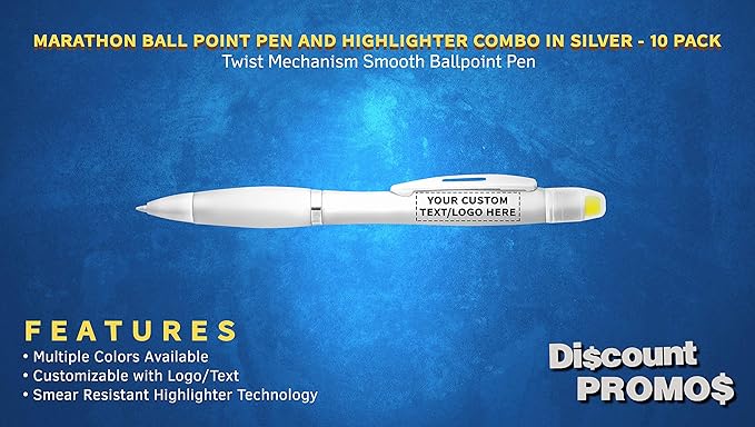 DISCOUNT PROMOS 10 Marathon Gel Highlighter Pens Pack - Customizable Text, Logo - Twist Mechanism, Ballpoint - Silver