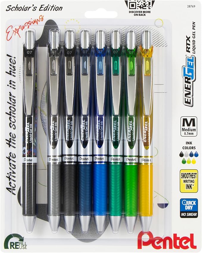 Pentel EnerGel RTX Retractable Liquid Gel Pen, Scholar Expressions Pack, 0.7mm, Metal Tip, Medium Line,Assorted Ink, Pack of 8 Pens (BL77XLEFBP8M)