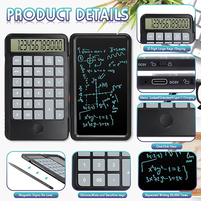 Hion Calculator,12-Digit Large Display Office Desk Calcultors with Erasable Writing Table,Rechargeable Hand held Multi-Function Mute Pocket Desktop Calculator for Basic Financial Home School,Black