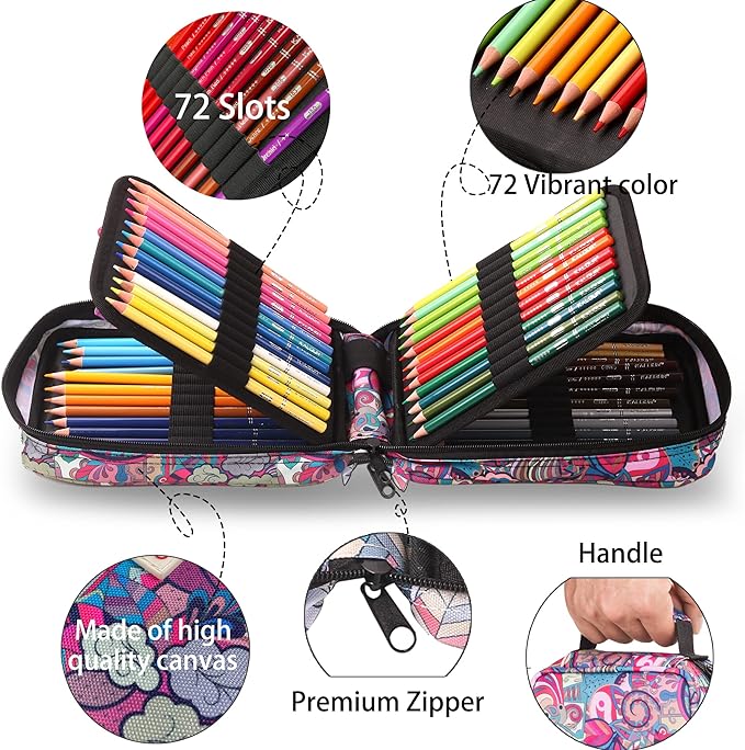 KALOUR 72 Colored Pencils for Adult Coloring Book,With Coloring Book,Zipper Slot Pencil Case,with Sharpener,Soft Core,7 Metallic Color,Ideal for Layering Blending,for Artists Beginners Kids(Pink)