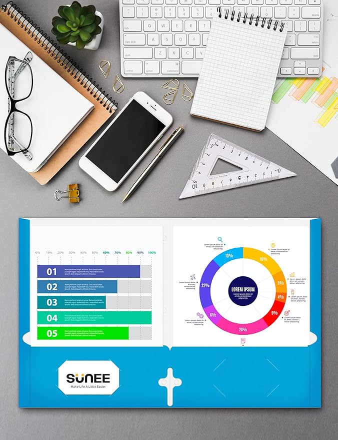 SUNEE Folders with Pockets 3 Hole Punched(50 Pack, Blue), 2 Pocket Folders Fit Letter Size Paper, Paper File Folder for School Office Home Bussiness