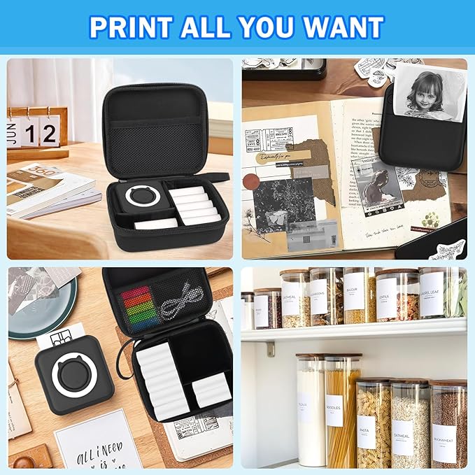 Black Mini Pocket Printer with Black Case, Mini Thermal Printer with 10 Rolls Thermal Paper, Mini Portable Photo Printers for Travelling, Journal, Memo, Photo, Study Notes, Shopping Lists