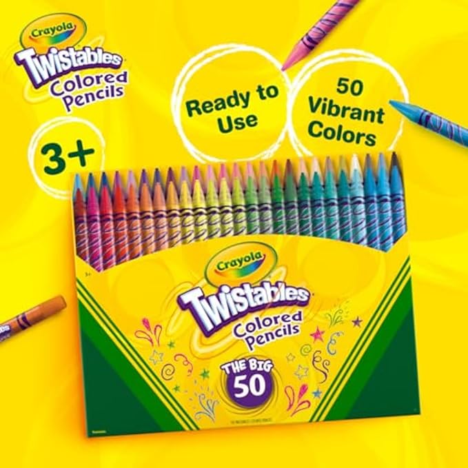 Crayola Twistables Colored Pencil Set for Kids (50ct), No Sharpen Coloring Book Pencils, Essential Classroom Supplies, Cute Back to School Gifts for Kids, 4+