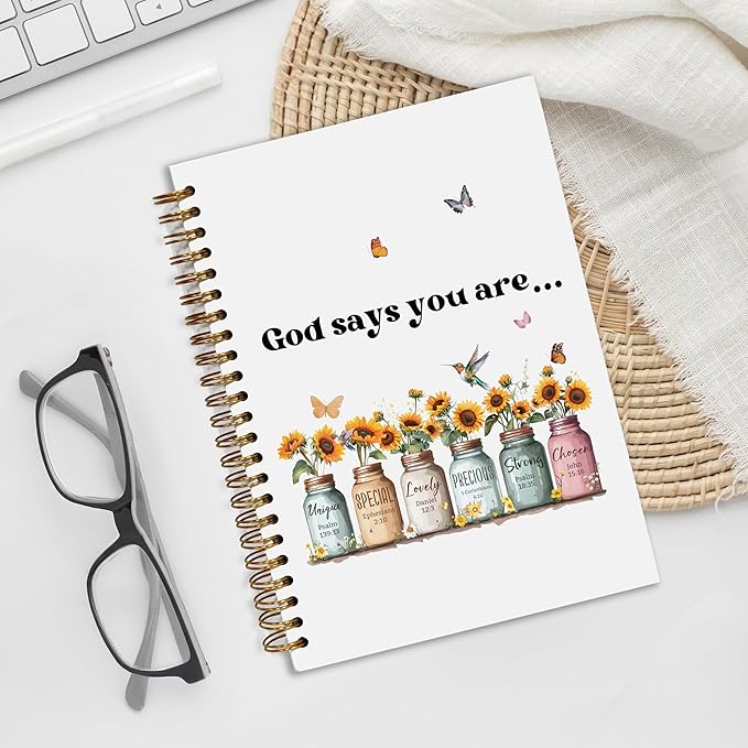 Bible Notebook, A5 Spiral Christian Journal with Sunflower Notebook, Bible Verse-God Says You Are, Inspirational Notebooks for Women, Bible Study, Gift for Birthday Christmas, Office Supplies