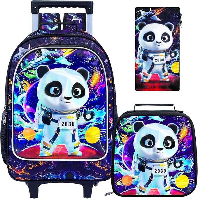 3Pcs Panda Rolling Backpack for Boys, Kids School Backpacks with Wheels, Roller Bookbag with Lunch Box for Elementary Preschool(Black)