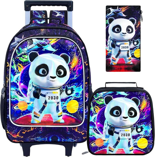 3Pcs Panda Rolling Backpack for Boys, Kids School Backpacks with Wheels, Roller Bookbag with Lunch Box for Elementary Preschool(Black)