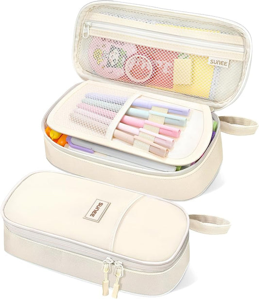 SUNEE Cute Pencil Case, Aesthetic Pen Pouch, Colored Large Pencil Bag with Zipper, Kawaii Stationery Storage and Organizer, School Supplies for Teen and Adult Girls, Beige