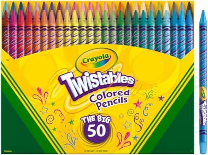 Crayola Twistables Colored Pencil Set for Kids (50ct), No Sharpen Coloring Book Pencils, Essential Classroom Supplies, Cute Back to School Gifts for Kids, 4+