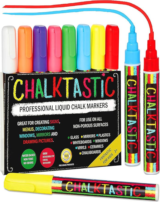 Chalkboard Markers Set of 8 Washable, Erasable Chalk Ink Dry Erase Pens for School, Chalkboard Menu Board & Glass Car Window - Neon, Pastel, White Chalk Pens - Gifts for Artists