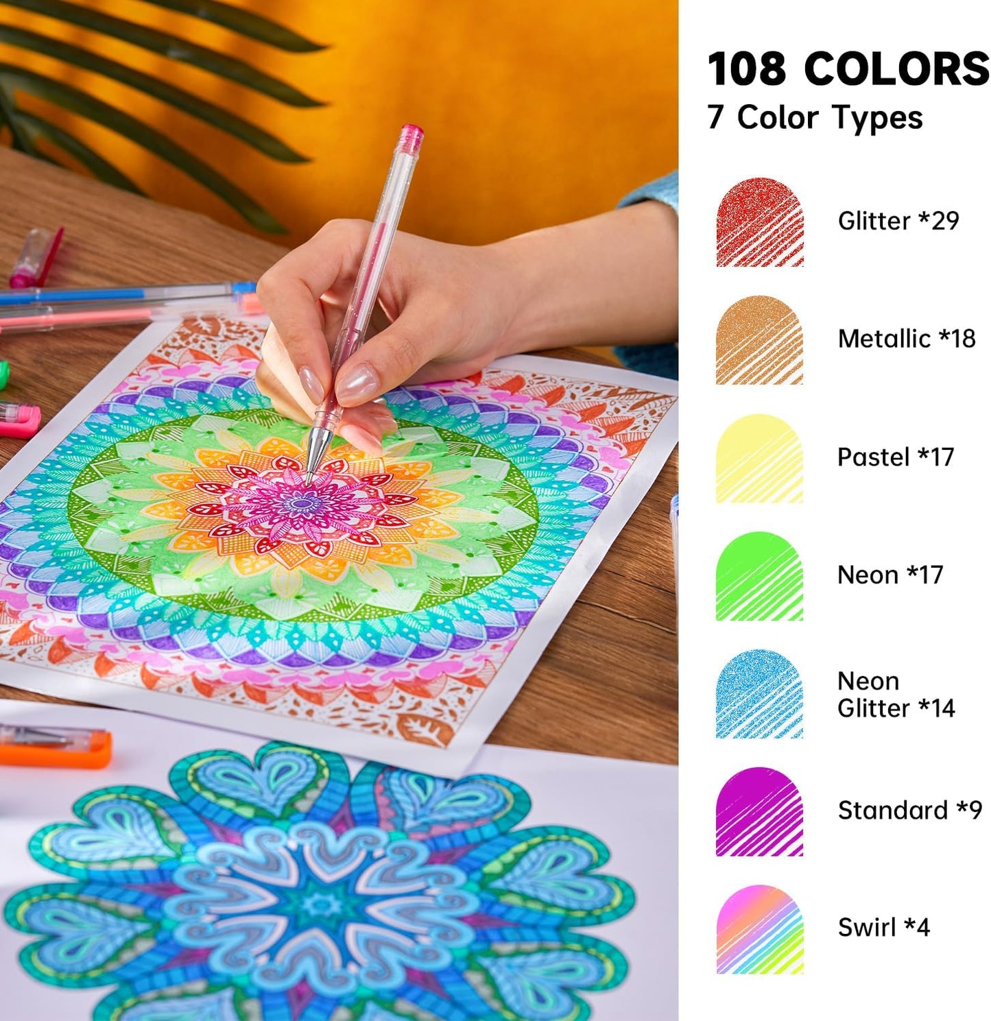 108 Colors Gel Pens Set, Gel Pens for Adult Coloring Books Journals Drawing Doodling Art Markers