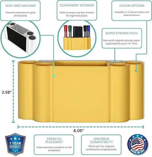 Glassboard Studio Magnetic Dry Erase Marker Holder - Super Strong for Magnetic Glass Whiteboard or Fridge - 2 Large Neodymium Magnets - No Slip Grip - Eco-Friendly PLA Plastic (Sunshine Yellow)