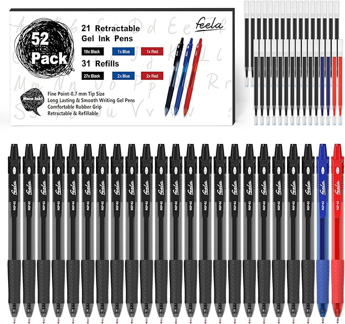 feela 52 Pack Retractable Black Ink Gel Pens, Premium Medium Point Rollerball Pens for School Smooth Writing with Comfort Grip(19 Black with 27 Refills+1 Blue with 2 Refills+1 Red with 2 Refills)