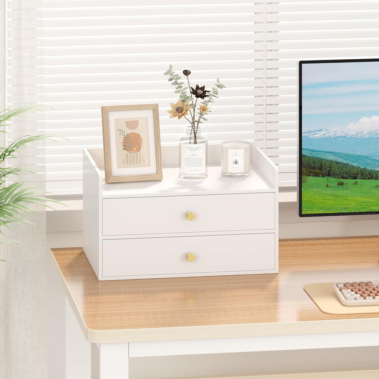 Bamboo Desk Organizer - Stackable, No Assembly Required, Ideal for Office/Home Use - Perfect for Toiletries, Stationery, Accessories. (White, Two level drawer box with sides)