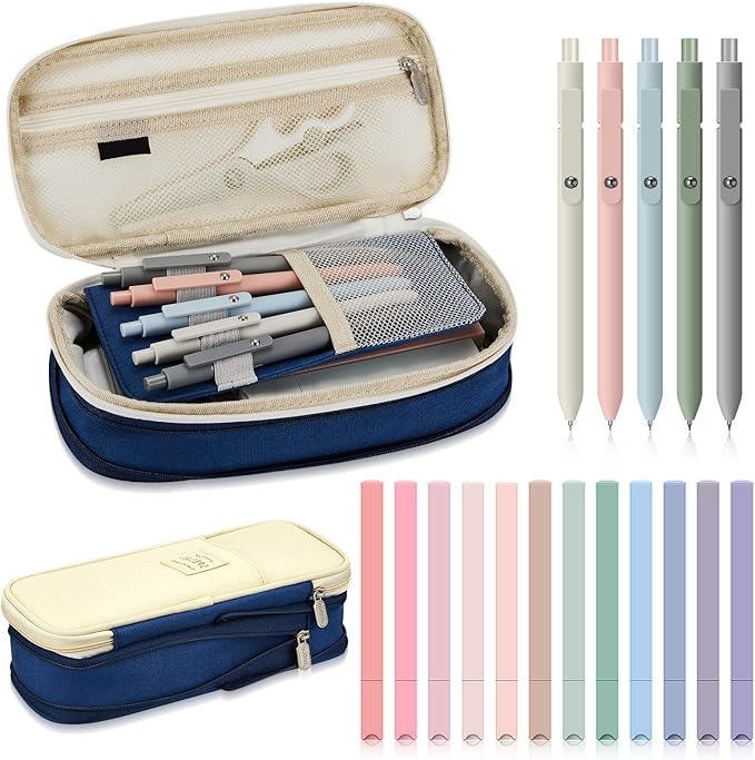 Henoyso 18 Set Aesthetic Bible Study Supplies Include Big Capacity Pen Bag with Zipper 12 Pcs Chisel Tip Bible Highlighters 5 Pcs Quick Dry Retractable Black Ink Pens for Office(Navy Blue)