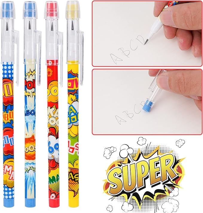 Kolewo4ever 48 Pcs Hero Pencils Translucent Pencil Multipoint Non Sharpening Stackable Pencils Pop Up Plastic Pencils Pow! Snap! Wham! Bang! Pencil for Party Favors