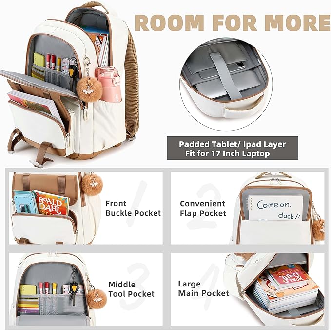 AO ALI VICTORY School Backpack for Girls Women 15.6 Inch Laptop Backpacks College Bookbag Cute Kids Elementary Middle High School Bag with Lunch Box Set for Teens Students Travel Daypack, Brown Set