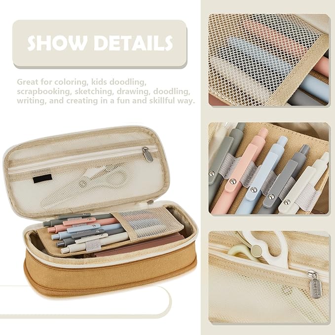 Henoyso 18 Set Aesthetic Bible Study Supplies Include Big Capacity Pen Bag with Zipper 12 Pcs Chisel Tip Bible Highlighters 5 Pcs Quick Dry Retractable Black Ink Pens for Office(Light Khaki)