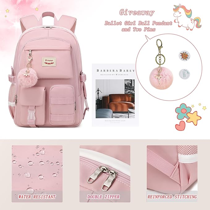 Girls Backpack,15.6 Inch Laptop School Bag Large Primary Elementary Middle College Bookbags Kids Backpacks for Teens Girls Women Students Anti Theft Travel Daypack (Pink)