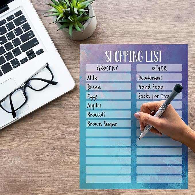 Dry Erase Shopping List Vinyl Sticker Decal Whiteboard by Glassboard Studio | Removable & Reusable | Magnetic Fine-Tip Marker Included (9 x 12 inches, Watercolor)