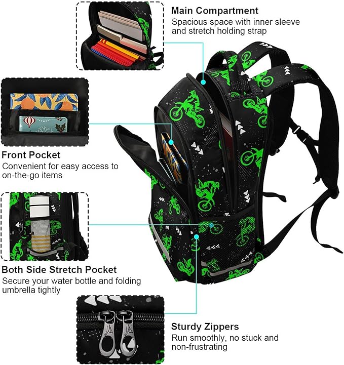 Green Motocross Backpack for Girls Kids Boys School Bookbags, Student Laptop Backpack Carrying Bag Casual Lightweight Travel Sports Day Packs
