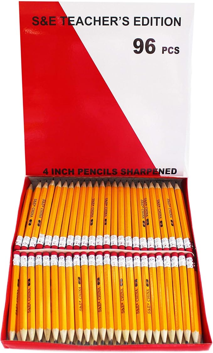 S & E TEACHER'S EDITION 96Pcs Half Pencils with Eraser Tops, Golf Pencil, Classroom, Pew - # 2 HB Pre-Sharpened Hexagon, Back to school, 96 Count Bulk Pack