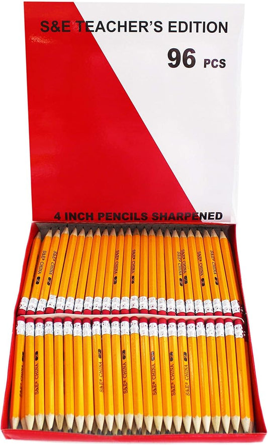 S & E TEACHER'S EDITION 96Pcs Half Pencils with Eraser Tops, Golf Pencil, Classroom, Pew - # 2 HB Pre-Sharpened Hexagon, Back to school, 96 Count Bulk Pack