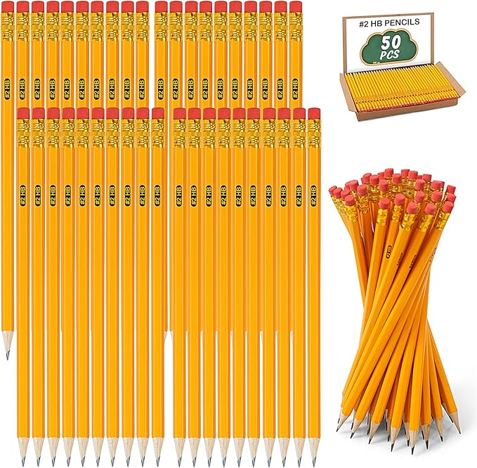 IKAYAS 50 Pack #2 HB Pencils Bulk Yellow Sharpened Pencils with Erasers for Kids, 2 Pre-sharpened pencils number 2 pencils for classroom office Supplies, Writing, Drawing and Sketching (Wood-Cased)