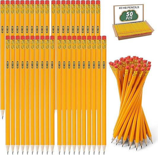 IKAYAS 50 Pack #2 HB Pencils Bulk Yellow Sharpened Pencils with Erasers for Kids, 2 Pre-sharpened pencils number 2 pencils for classroom office Supplies, Writing, Drawing and Sketching (Wood-Cased)