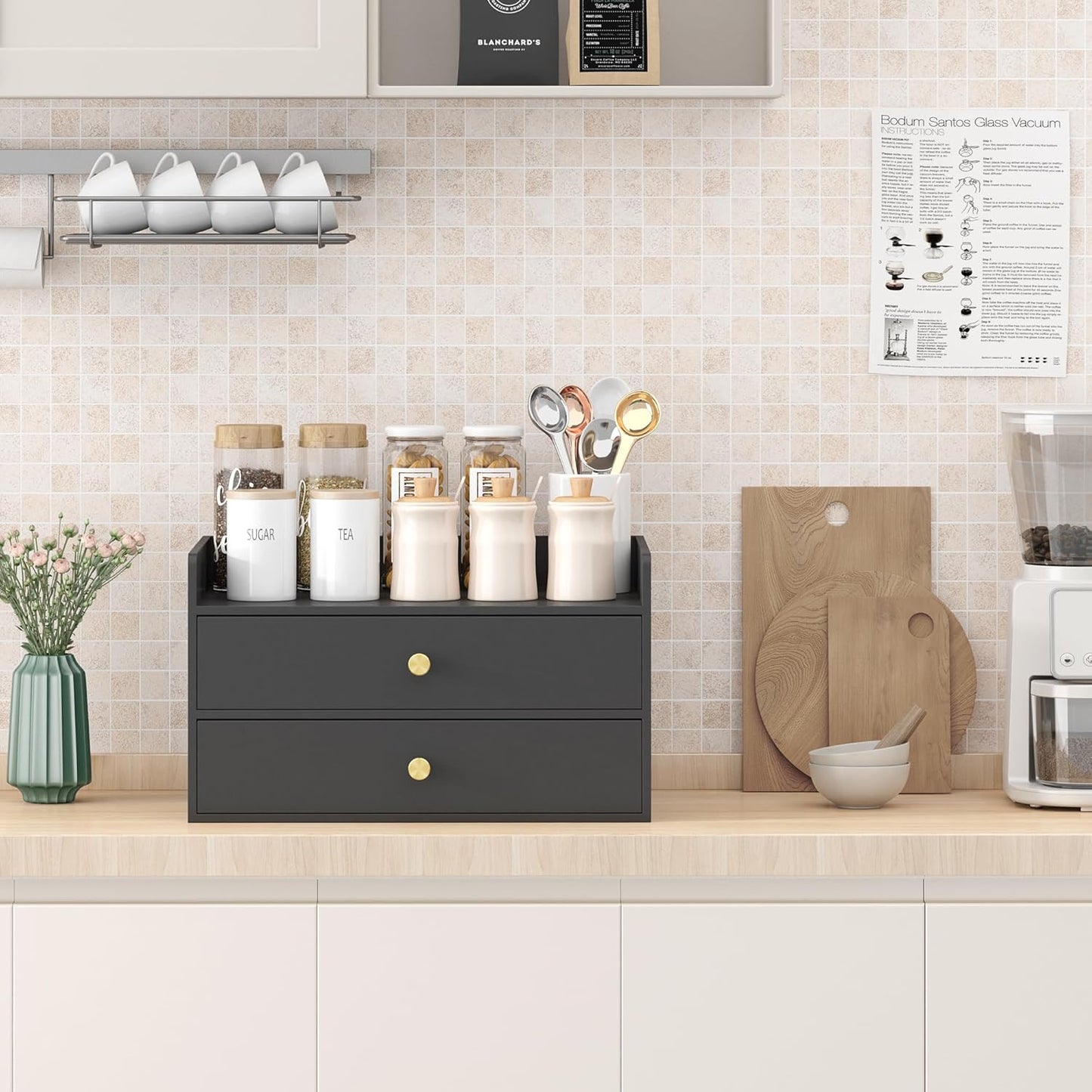 Bamboo Desk Organizer - Stackable, No Assembly Required, Ideal for Office/Home Use - Perfect for Toiletries, Stationery, Accessories. (Black, Two level drawer box with sides)