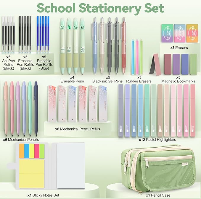 61 PCS Aesthetic School Supplies with Cute Pencil Case, Pastel Highlighters, Gel & Erasable Pens, Mechanical Pencils, Refills, Complete Essentials Stationery Kit for Students (Green)