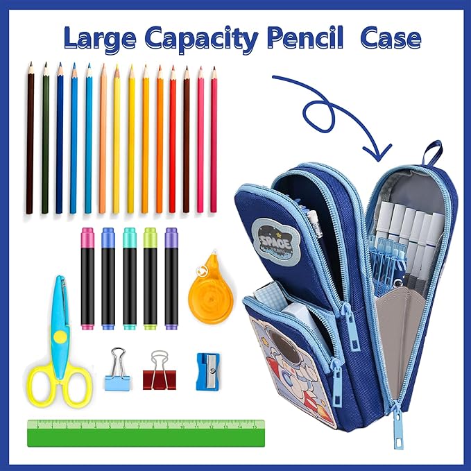 Blue Cute Pencil Case for Boys & Large Zippered Pen Pouch Organizer with Aesthetic Design Kids School Supplies canvas Marker Bag Travel Stationery Box back to School Gift for Boys (blue)