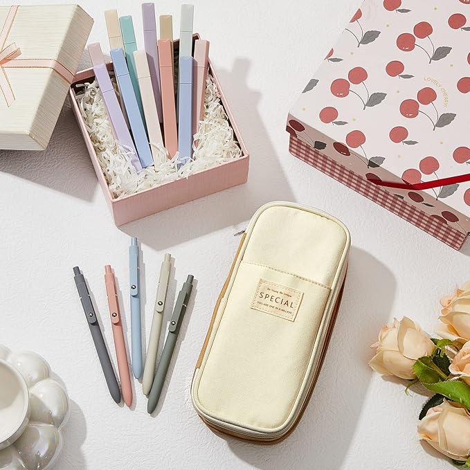 Henoyso 18 Set Aesthetic Bible Study Supplies Include Big Capacity Pen Bag with Zipper 12 Pcs Chisel Tip Bible Highlighters 5 Pcs Quick Dry Retractable Black Ink Pens for Office(Light Khaki)