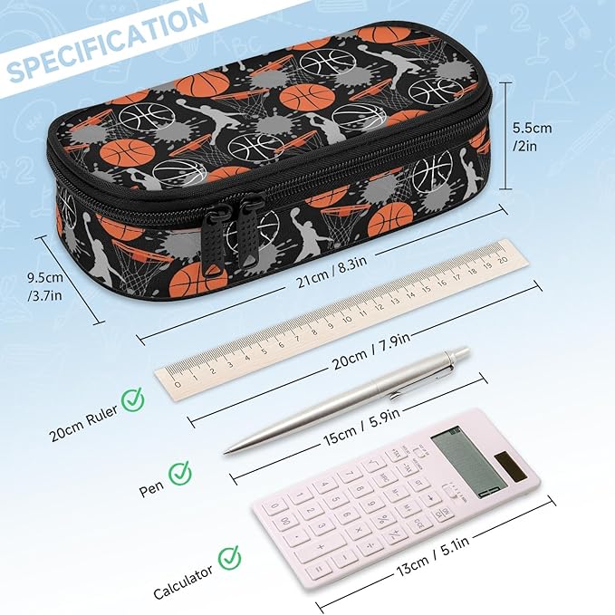 Basketball Large Pencil Case Big Capacity Pencil Pouch for Boys Girls Teen Women Men Adult, Portable Kids Pencil Bag with Zipper, Stationery Storage Pen Bag for School Supplies Office Organizer